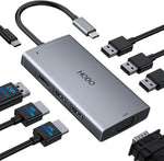 Abiwazy USB C Docking Station front view showcasing the sleek gray aluminum chassis and compact portable layout.