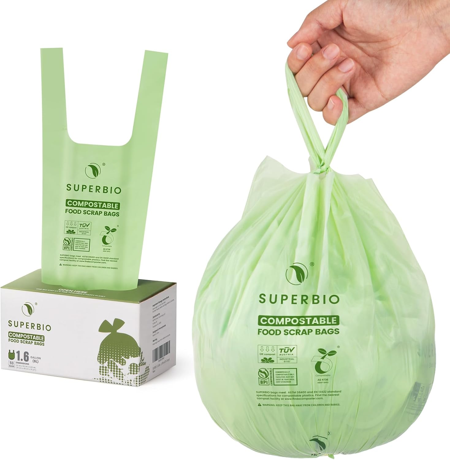 Superbio 1.6 Gallon Handle Tie Compostable Food Scrap Bags front view for sustainable kitchen waste management.