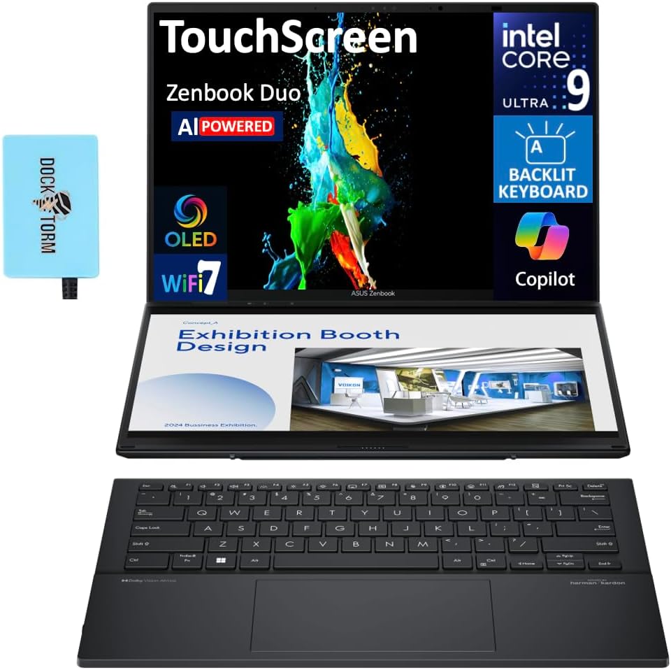 ASUS Zenbook Duo dual screen laptop front view showcasing both fourteen inch OLED touchscreens stacked vertically