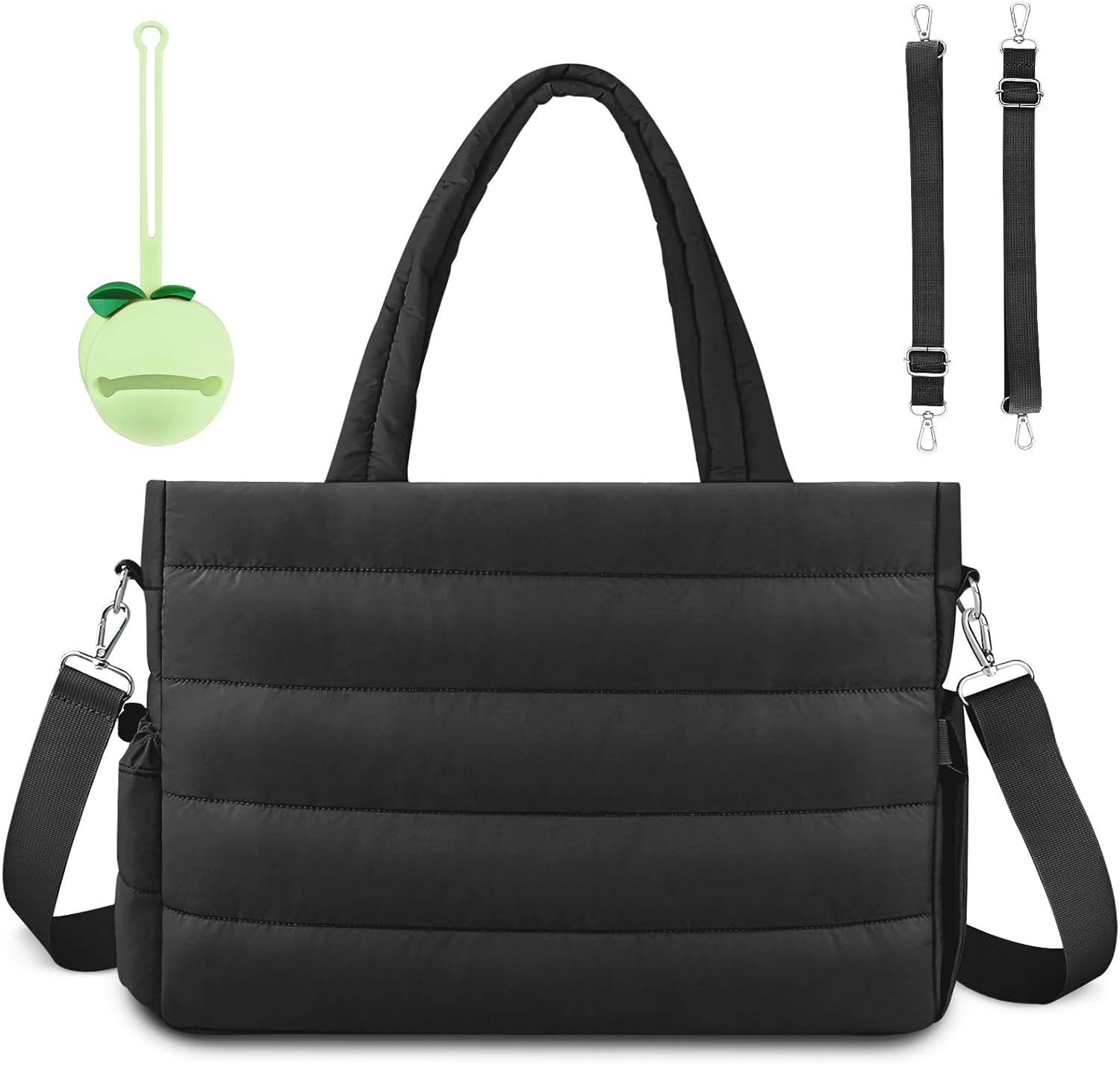 Kubya puffer diaper tote bag front view in black