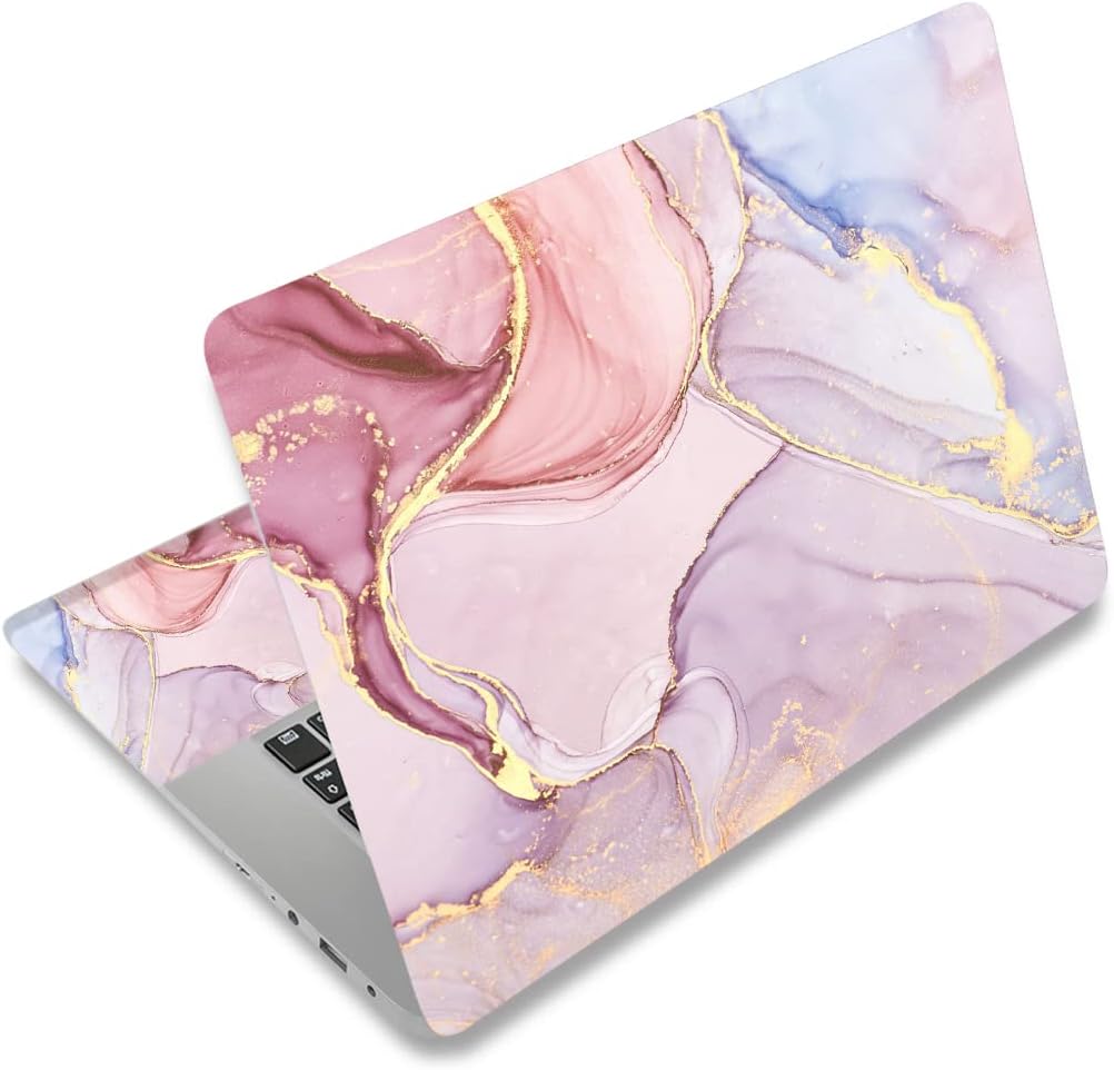 ALAYRA Universal Laptop Skin Sticker Decal front view showing pink and purple abstract watercolor marble design with gold veins