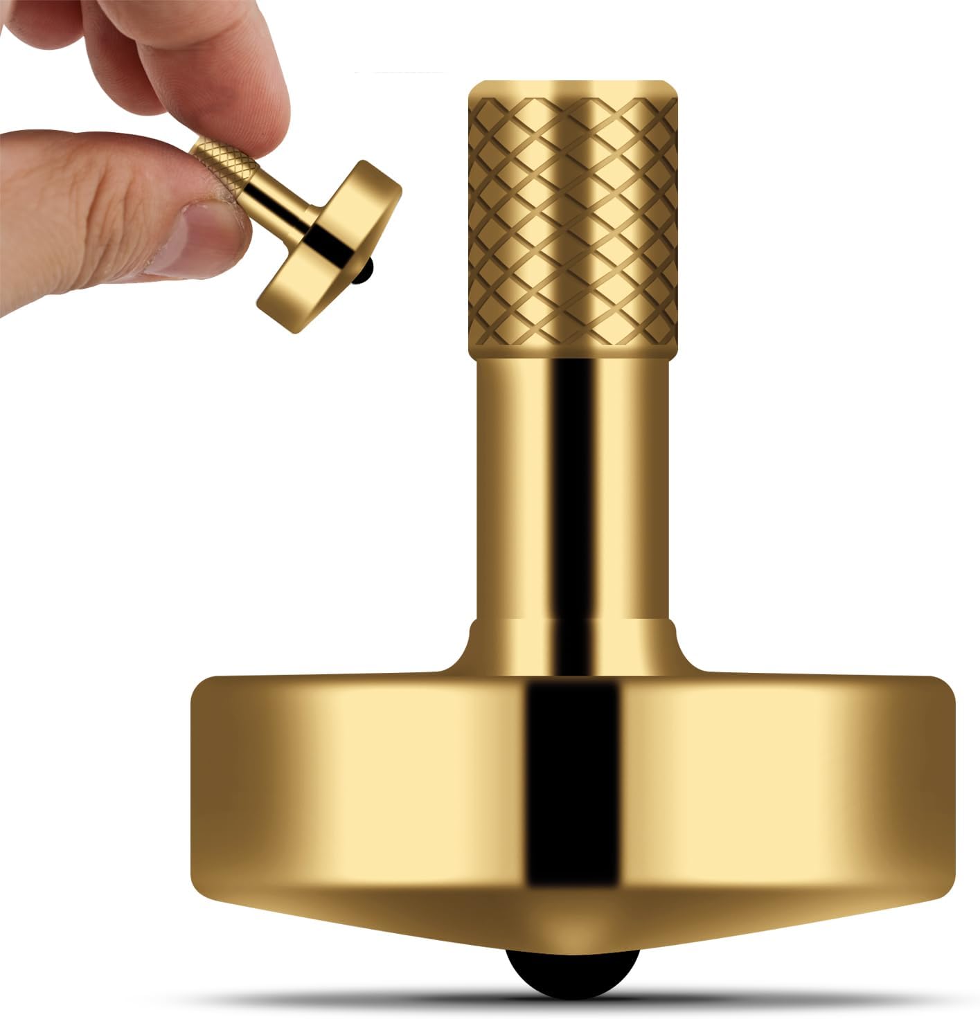 DjuiinoStar premium brass spinning top front view on a desk