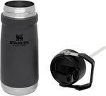 Authentic Stanley insulated stainless steel travel bottle with built-in straw extended.