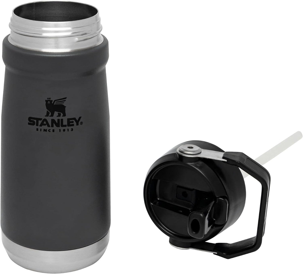 Authentic Stanley insulated stainless steel travel bottle with built-in straw extended.
