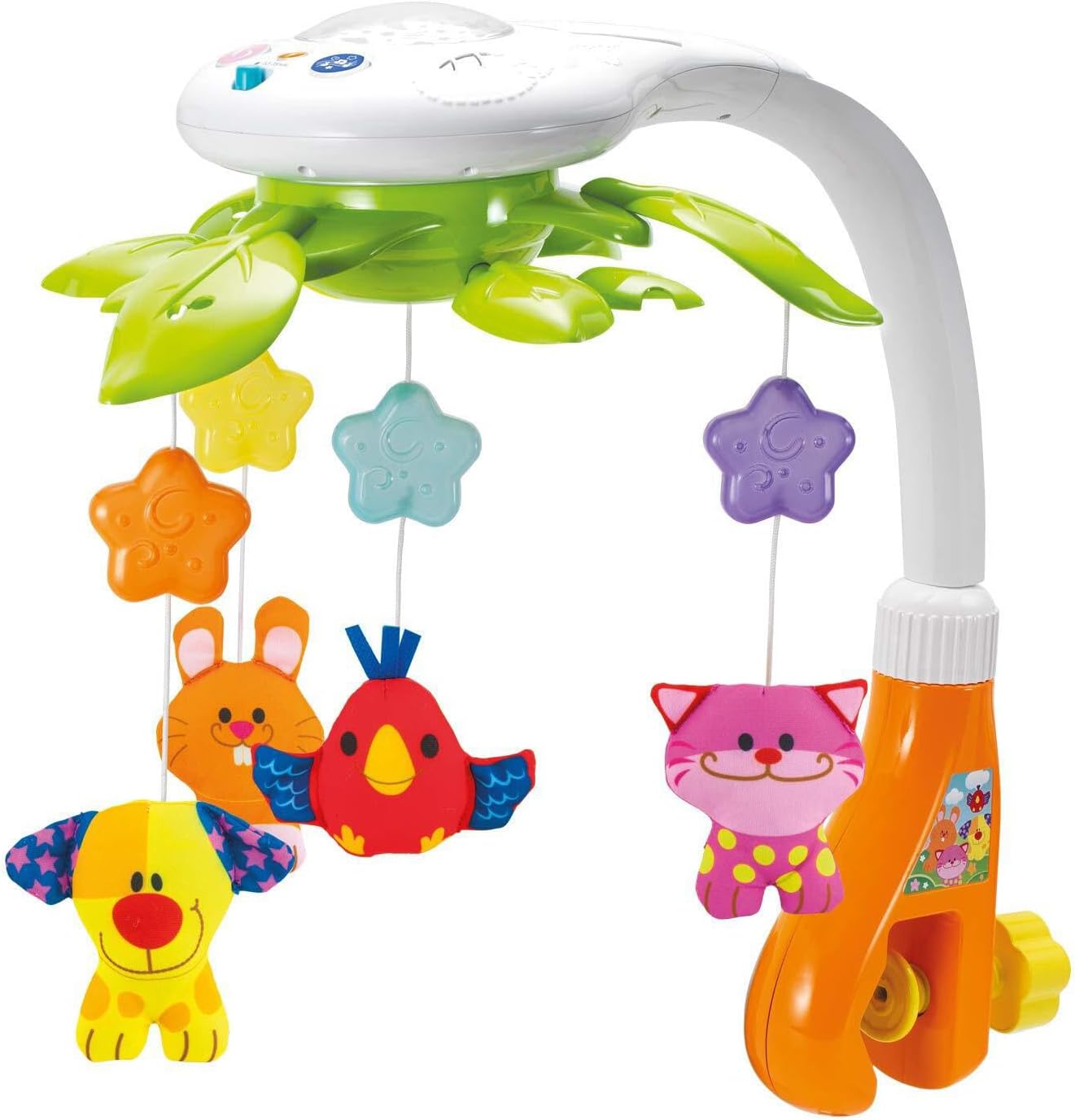 KiddoLab baby crib mobile front view attached to wooden cot rail showing rotating plush animals