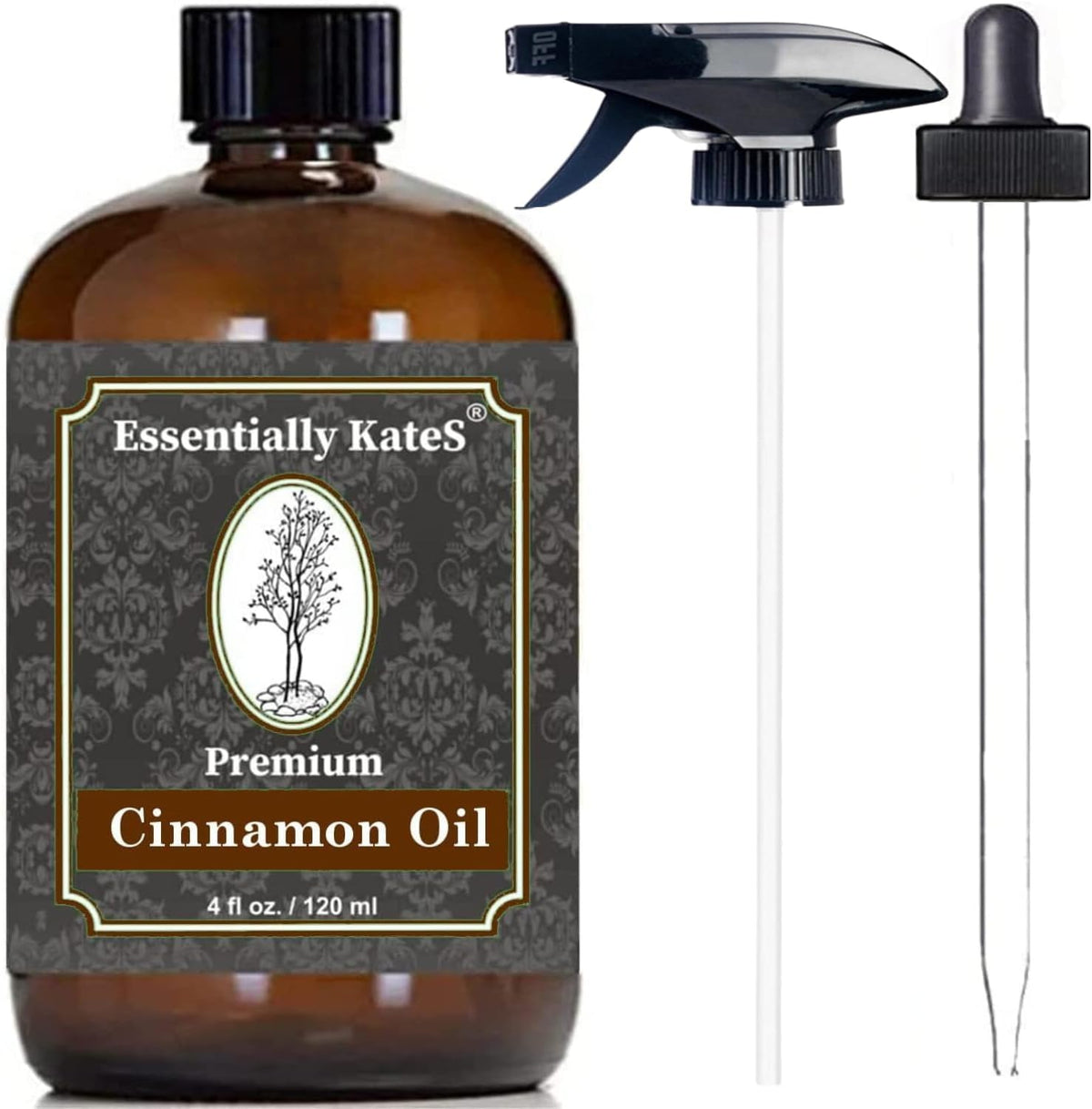 Essentially KateS Premium Cinnamon Leaf Essential Oil front view of four fluid ounce amber glass bottle with premium labels