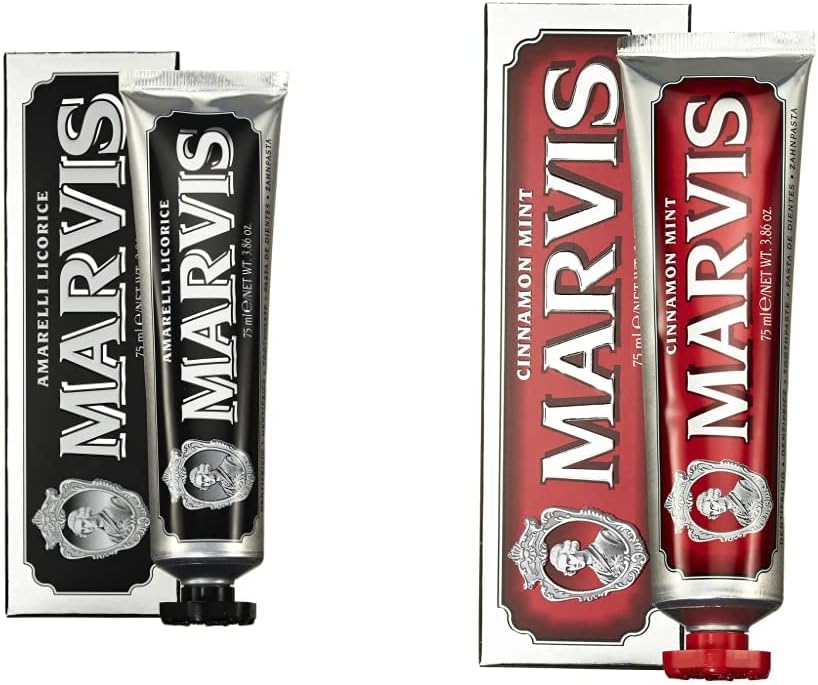 Marvis Amarelli Licorice and Cinnamon Mint Toothpaste Set front view luxury dental care pack