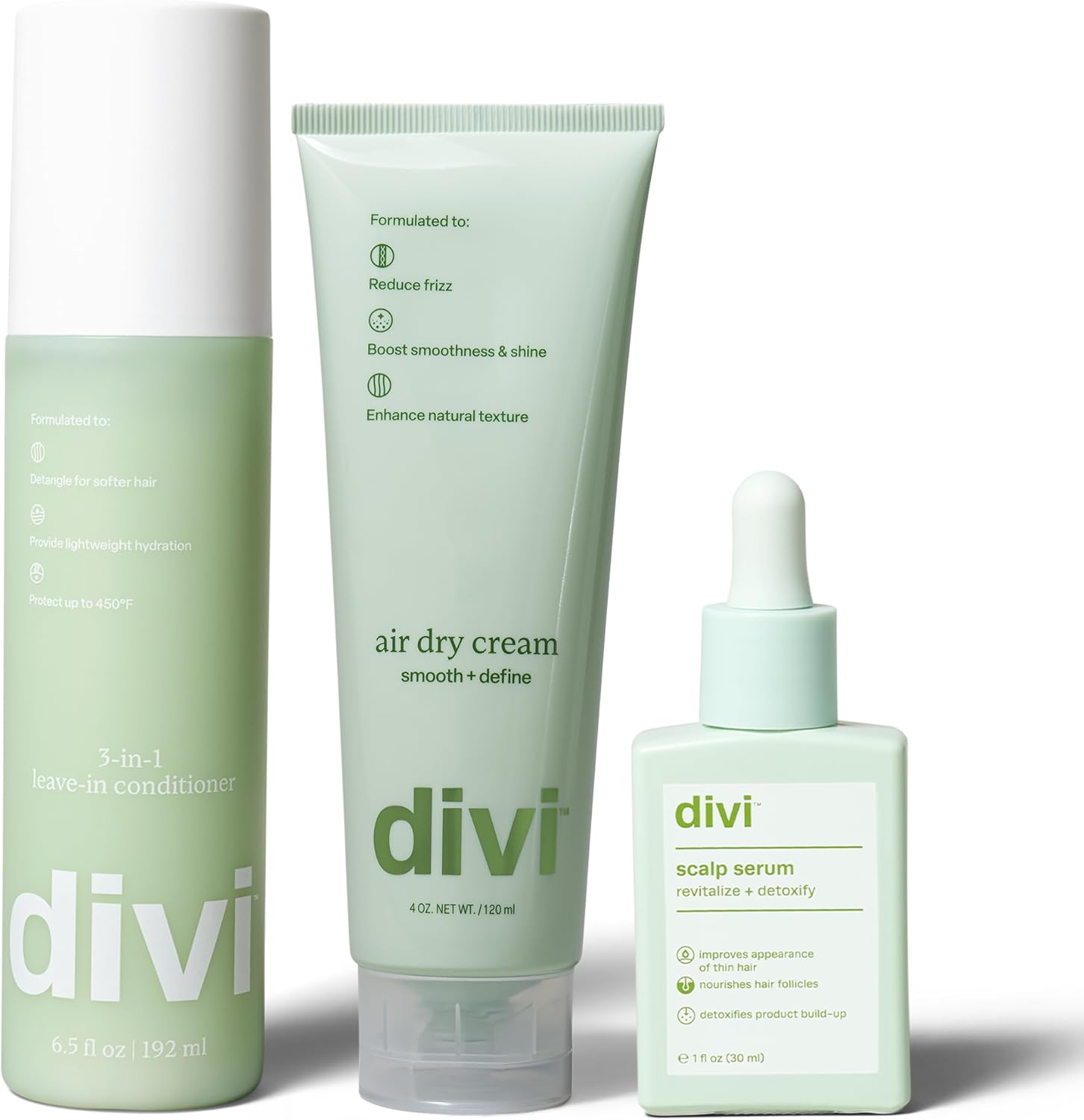 Divi Air Dry Bundle packaging front view showing the scalp serum, air dry cream, and leave-in conditioner bottles for frizz control hair care.