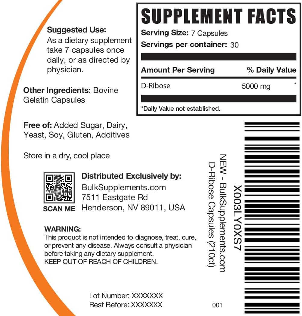 BulkSupplements D-Ribose 5000mg capsule label details