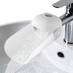 Xinhuju KOMIDK faucet extender front view showing grey silicone water tap extension for toddler hand washing safety