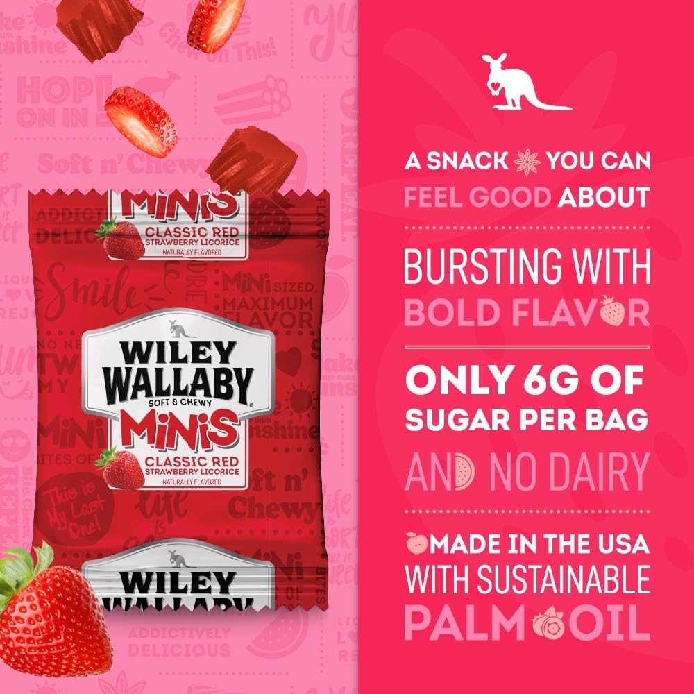 Bite sized red Australian style licorice candy pieces scattered next to the Wiley Wallaby box