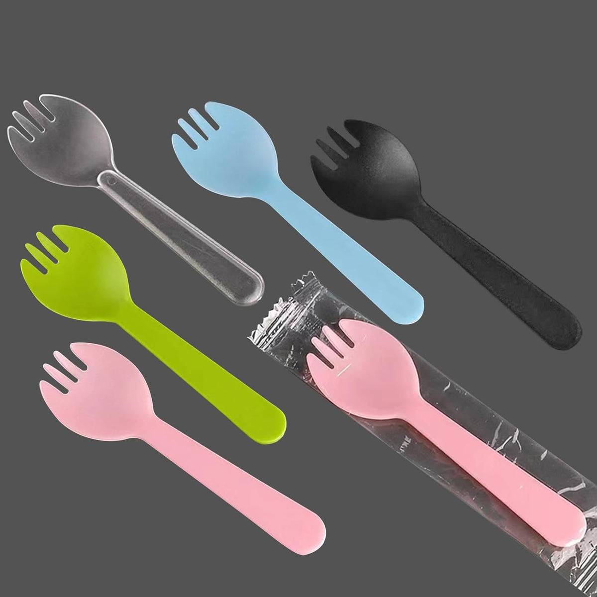 JIEOU disposable sporks front view showing individual packaging wrappers