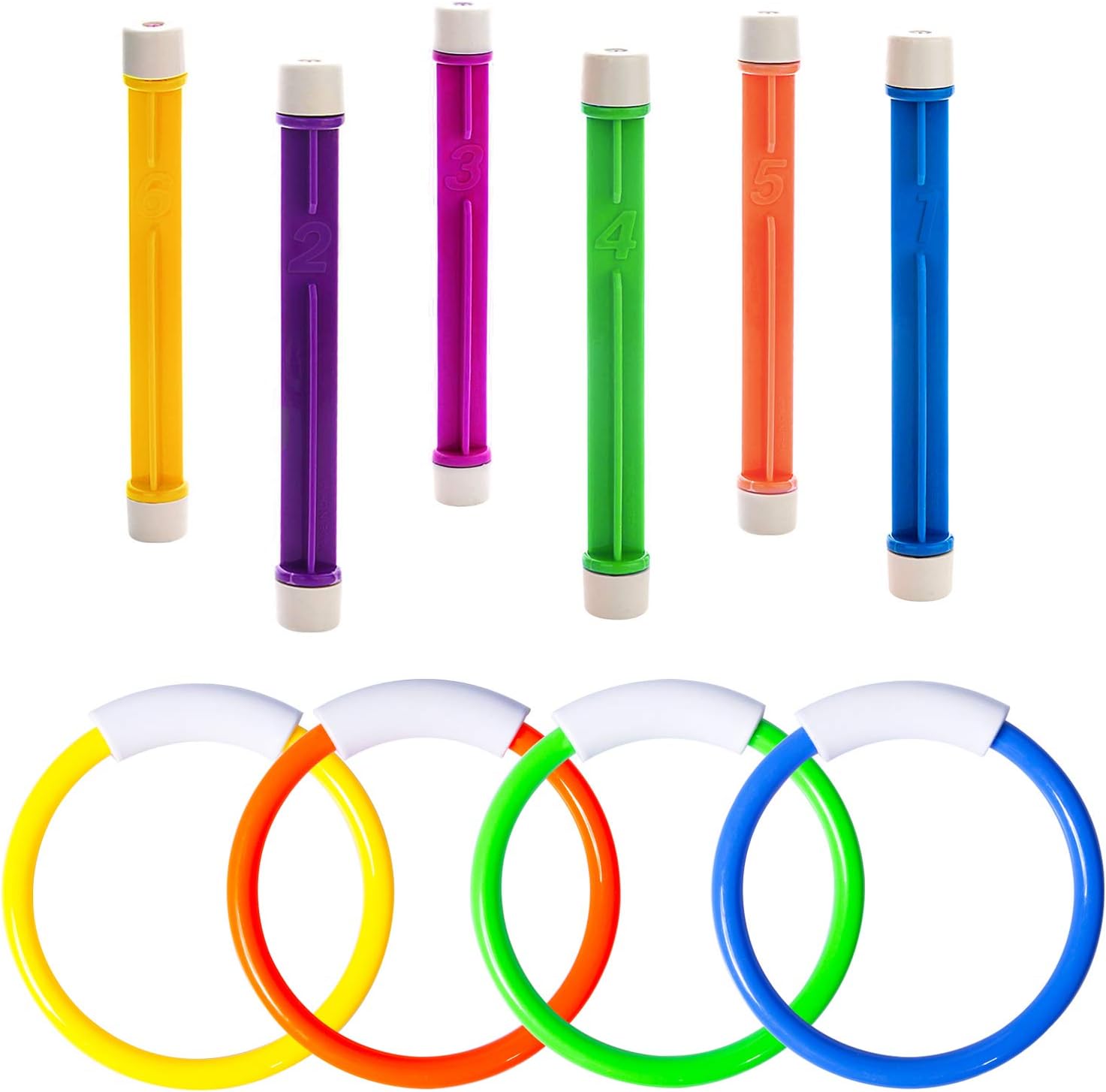 Korlon Tec underwater pool diving toys set front view displaying colorful sinking rings and sticks for kids swimming practice.
