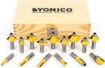 The solid wood storage case open with all 15 professional router bits securely slotted inside.
