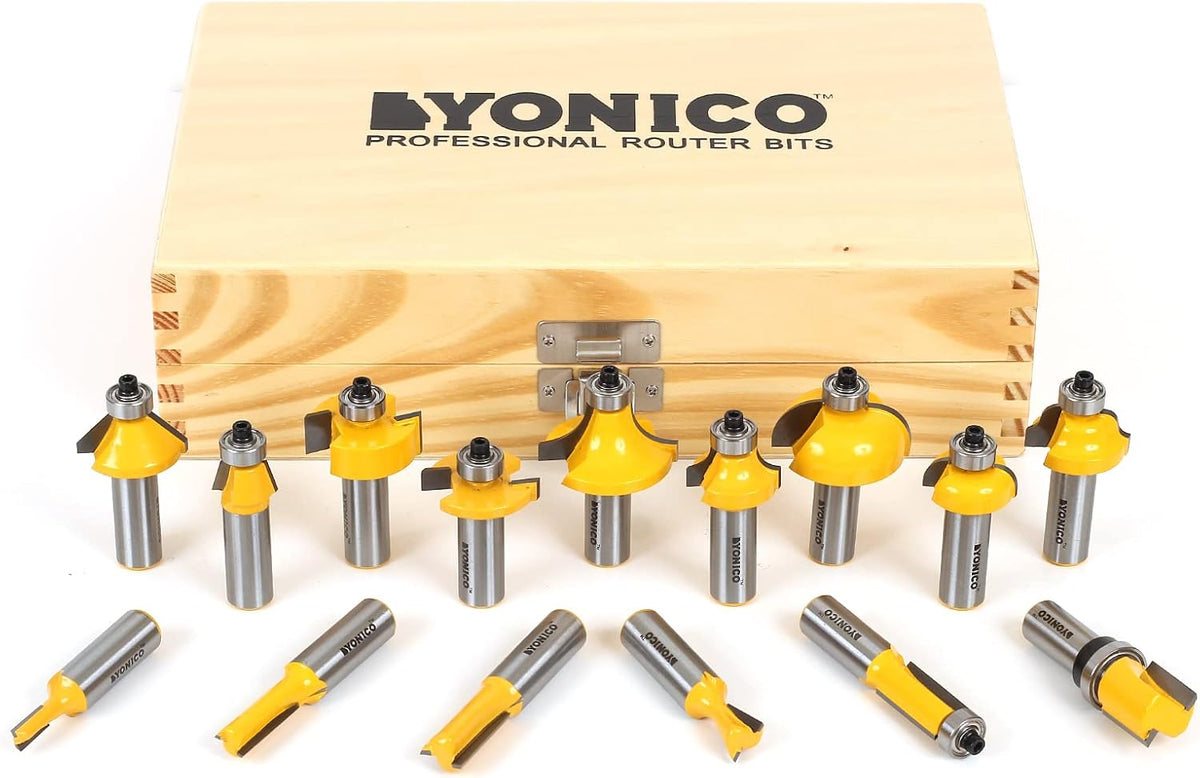 The solid wood storage case open with all 15 professional router bits securely slotted inside.