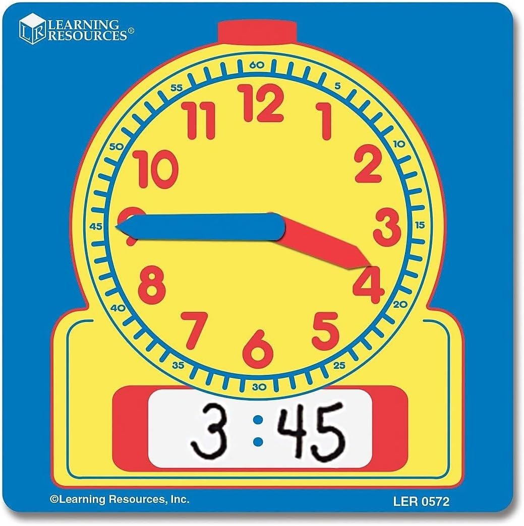Learning Resources Write and Wipe Student Clocks front view showing color coded movable hands