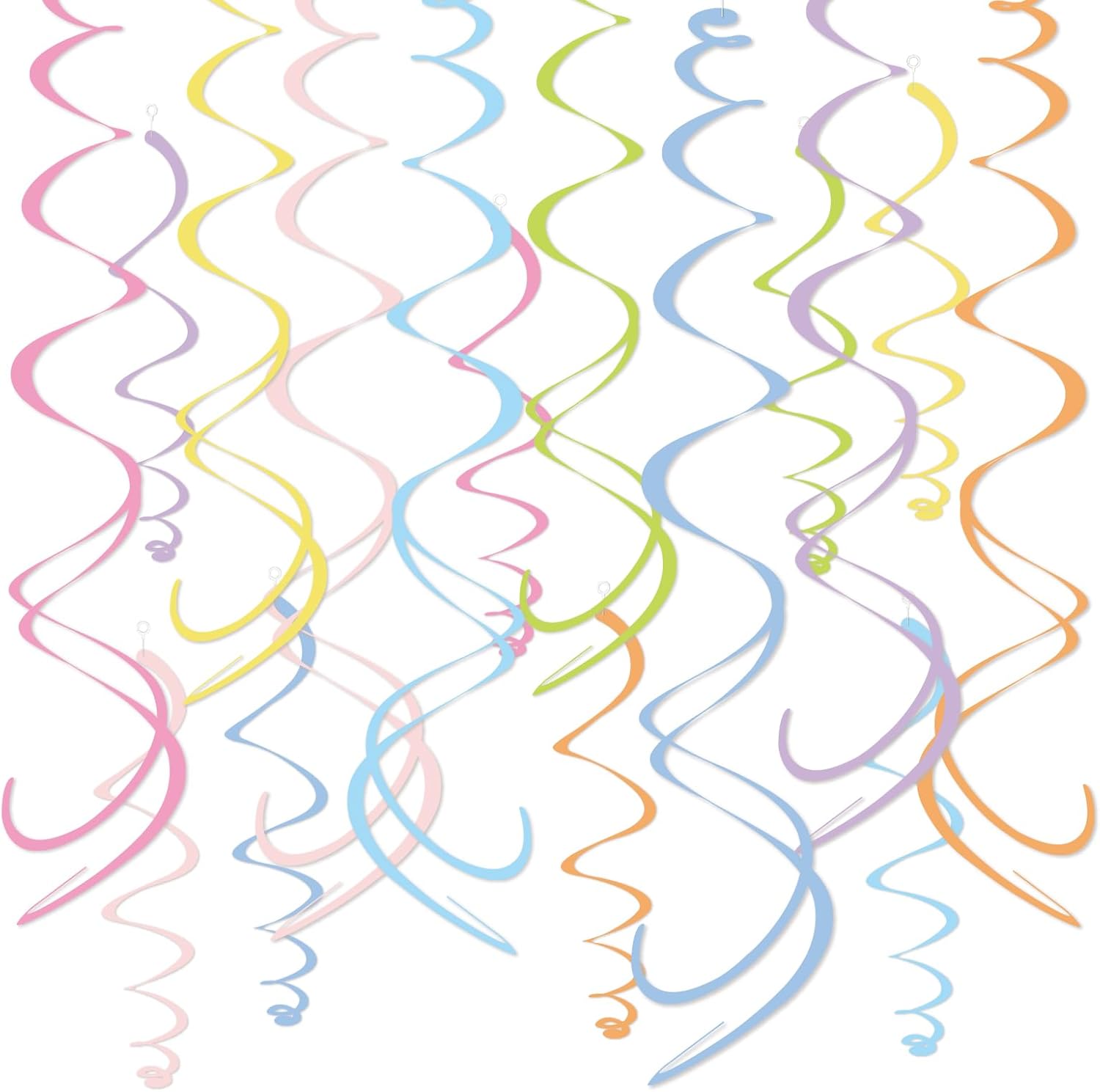 MISU pastel paper swirl decorations front view hanging from a living room ceiling for a birthday party