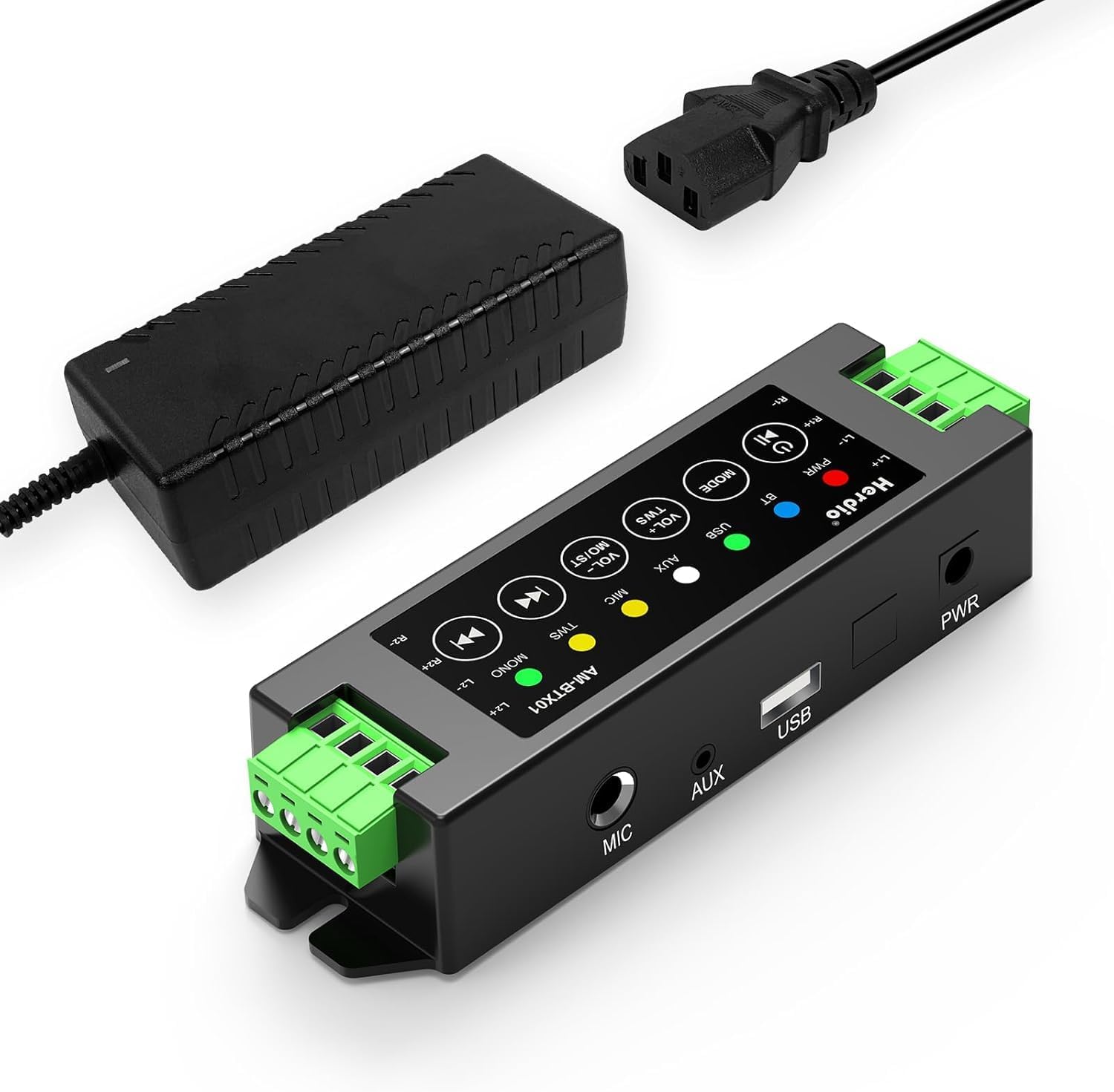 Herdio 4-Channel Bluetooth Amplifier Receiver front view showing compact wall mount design.