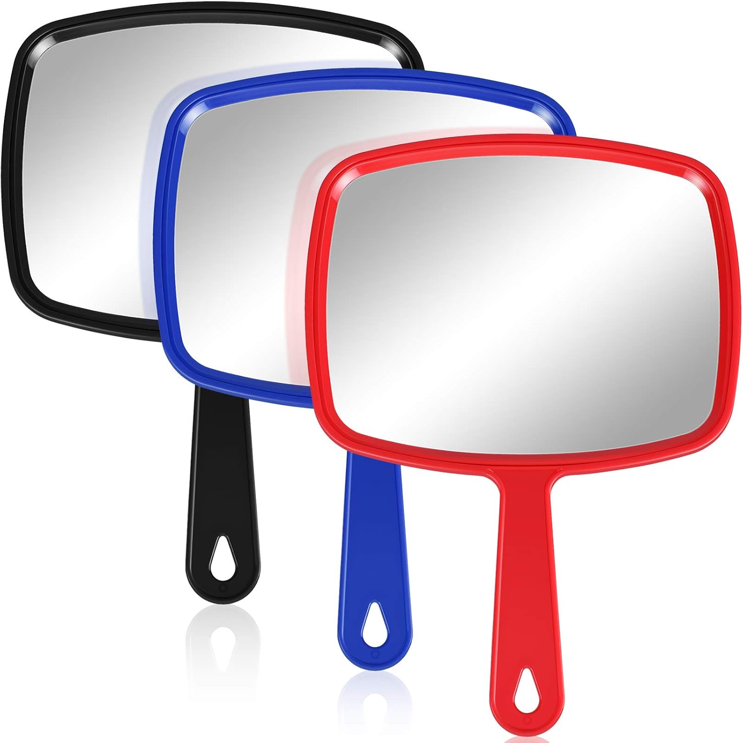 Jetec handheld cosmetic mirror three pack set showing red black and blue frames front view