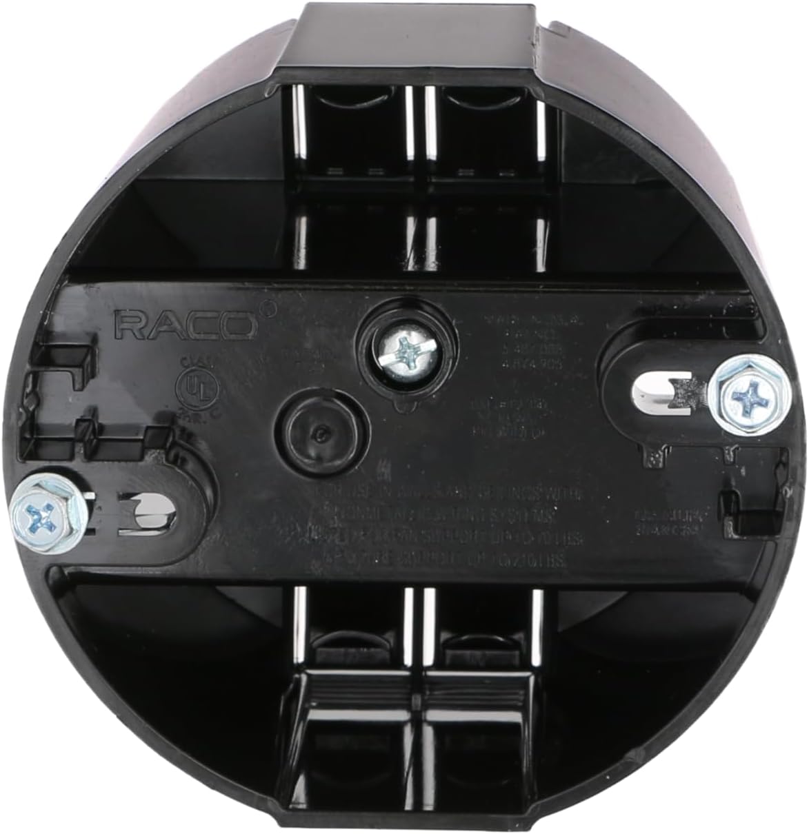 RACO ceiling fan box interior showing self-clamping wire entry clamps