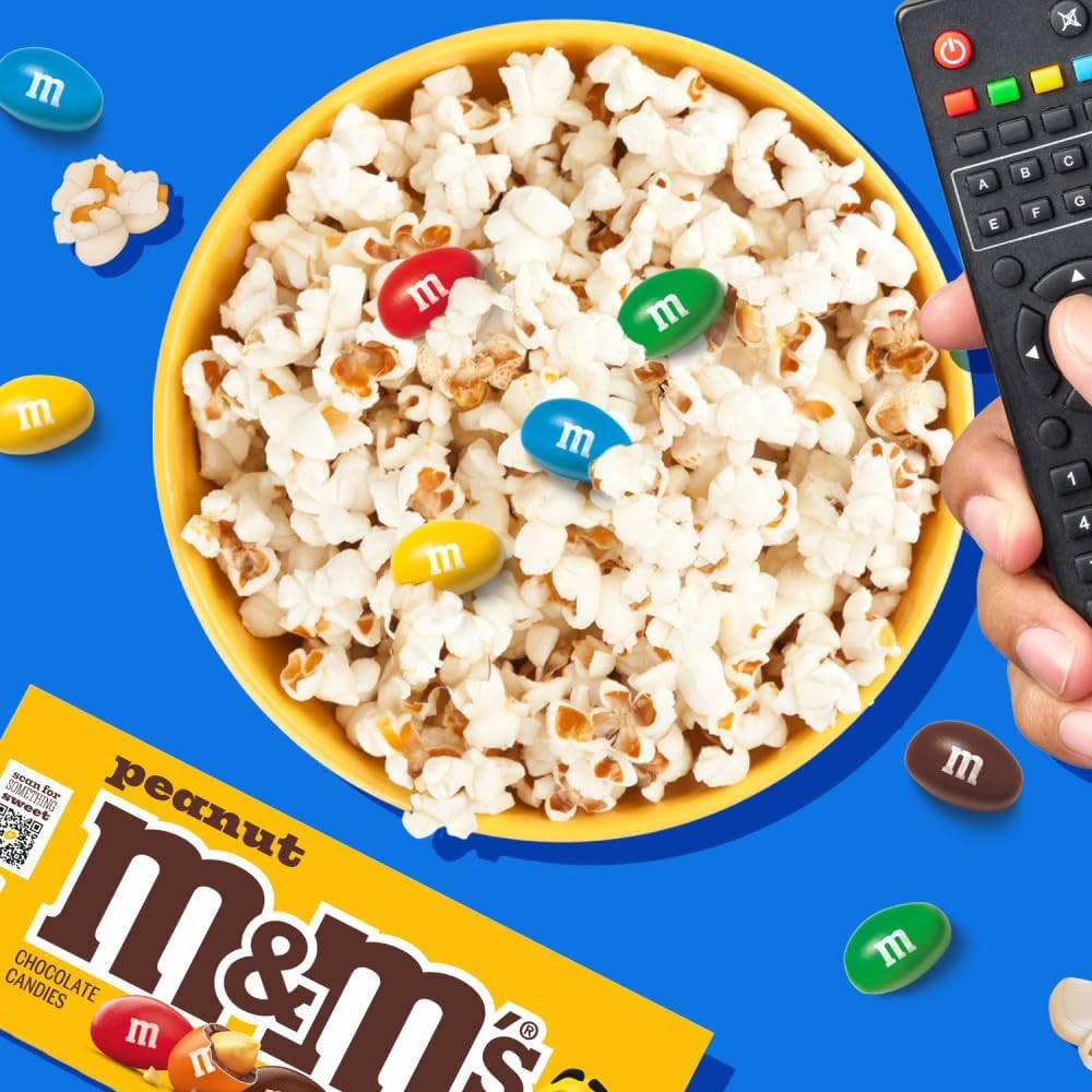 Top view of the M&M'S Peanut Milk Chocolate Candy Theater Box highlighting the easy open tab.