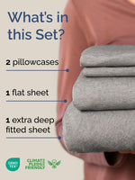 Heathered grey full sheet set displayed on thick mattress