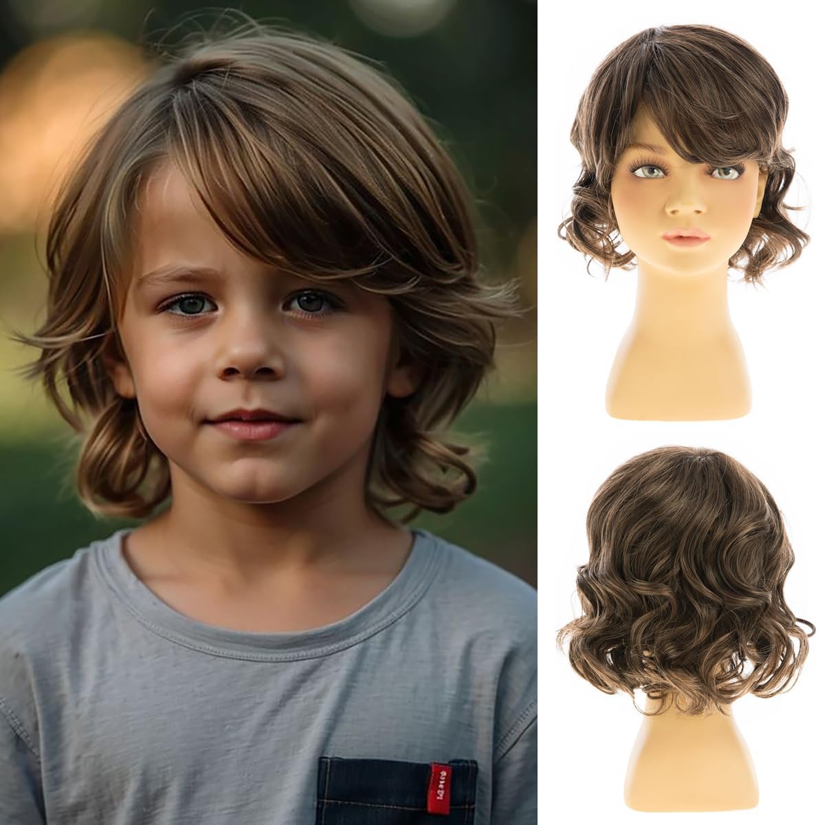 RicHyun short wavy brown kids wig front view fluffy synthetic cosplay hairpiece