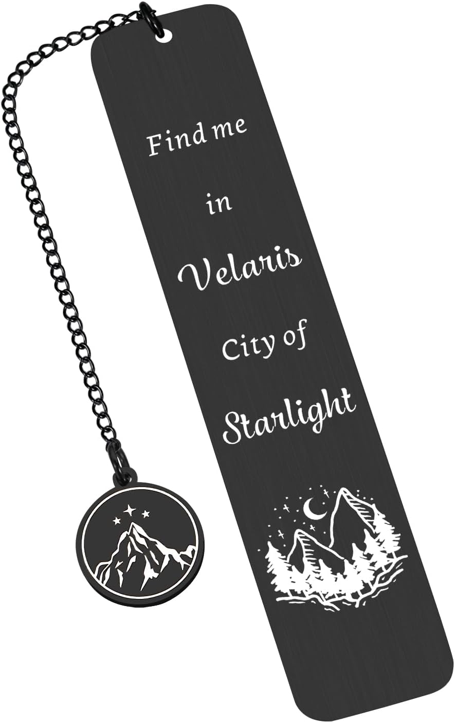 Paginafr Velaris metal bookmark front view showing engraved quote and charm