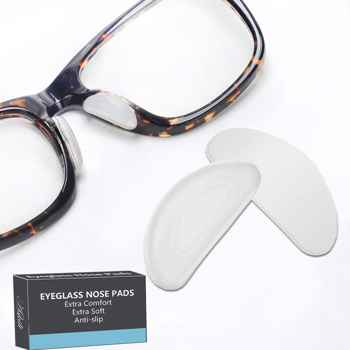 Askilt eyeglass nose pads front view of packaging with clear silicone cushions.