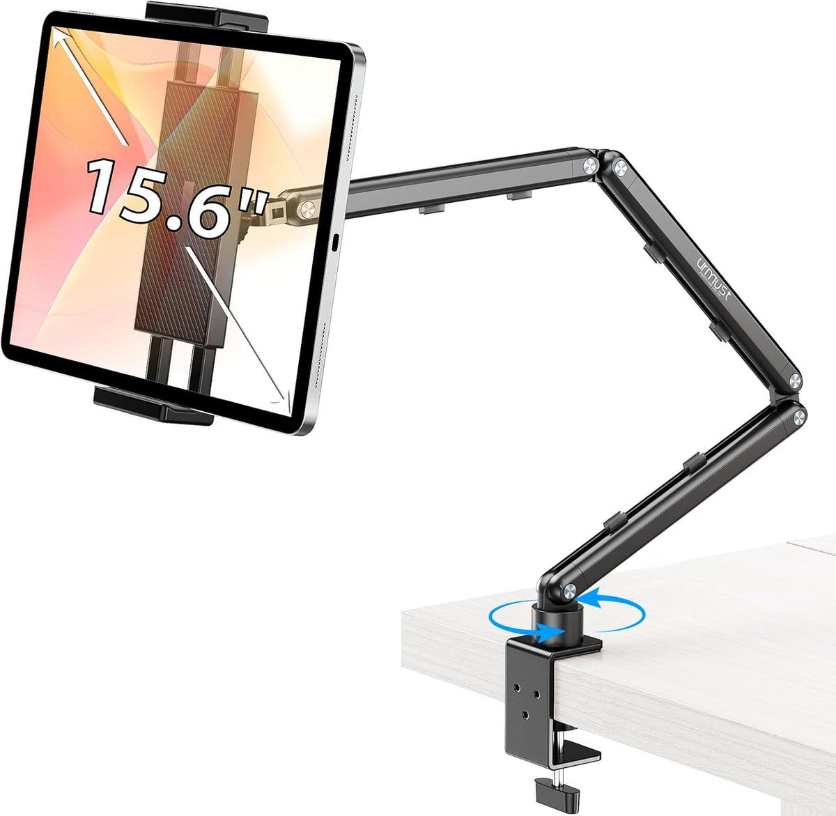 Urmust adjustable aluminum desktop tablet stand holder front view displaying its premium black metallic finish