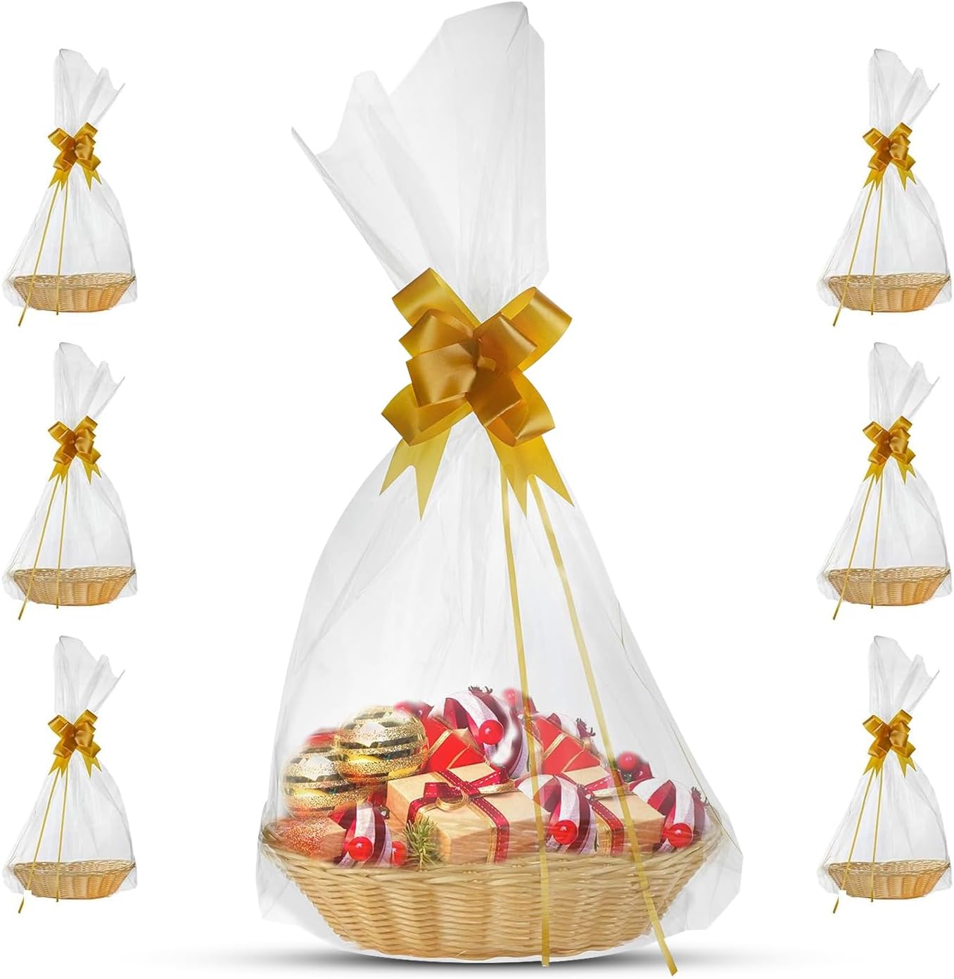 Sneaky Mango small empty gift basket making kit front view showing six wicker style baskets with clear wrap and gold bows