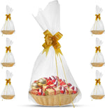 Sneaky Mango small empty gift basket making kit front view showing six wicker style baskets with clear wrap and gold bows