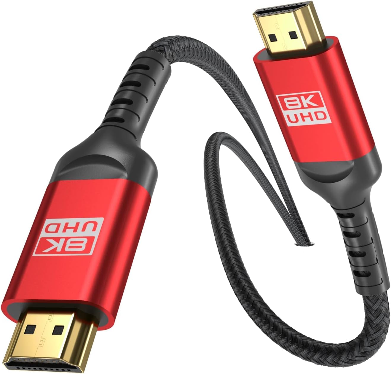 Alleasa 8K HDMI 2.1 Cable front view showing gold plated connector and premium braided cord