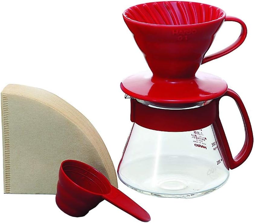 Hario V60 Pour Over Set front view showing red ceramic dripper and glass server.