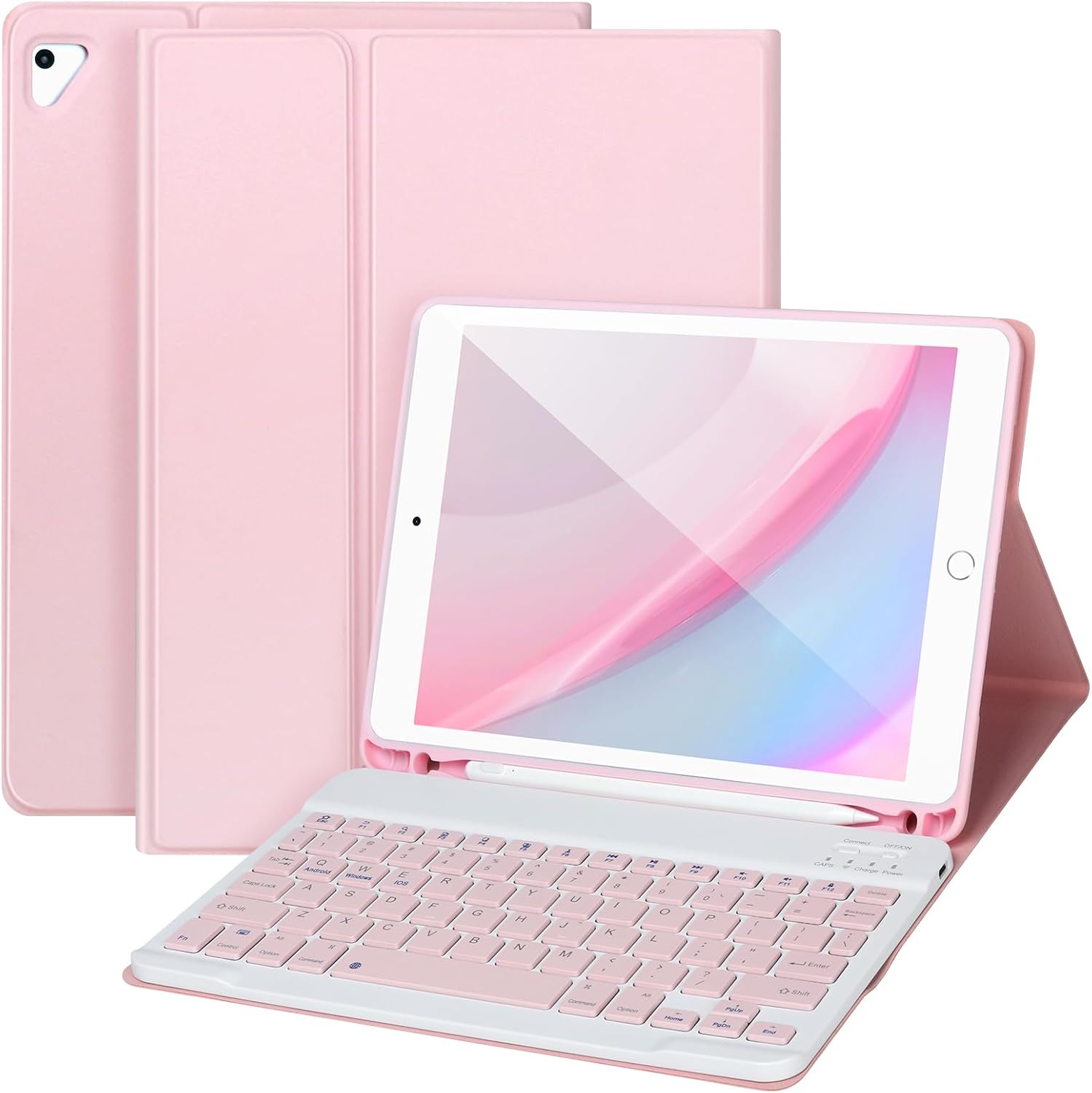 APHBZGE iPad Keyboard Case 9.7 inch front view showing open pink folio and wireless typing keys