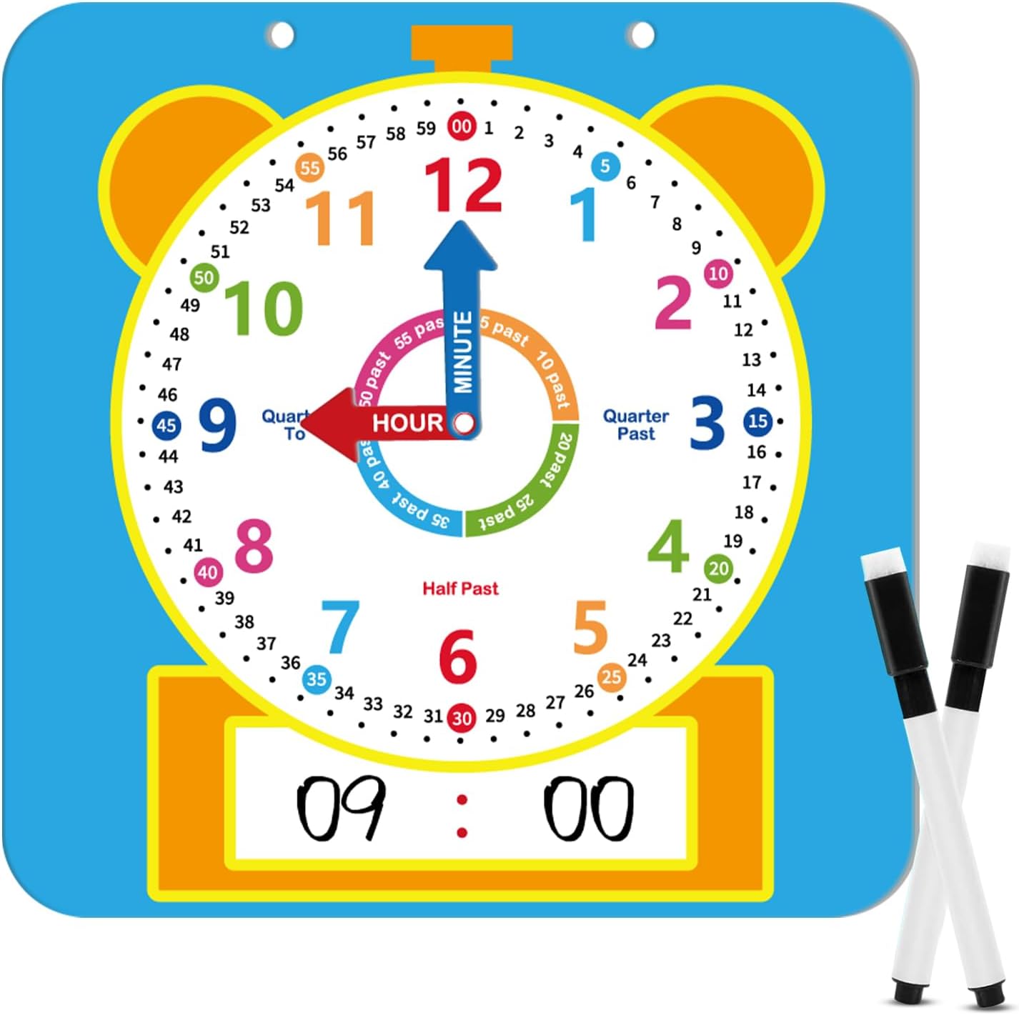Edumix Magnetic Writable Dry Erase Learning Clock front view displaying twelve inch analog face and digital writing area