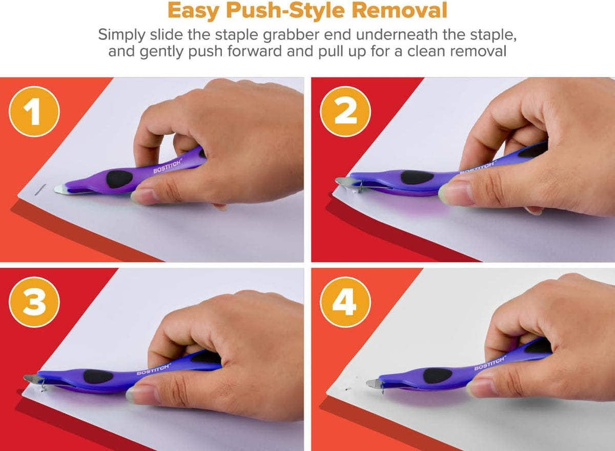 Push style mechanism lifting staple from paper cleanly