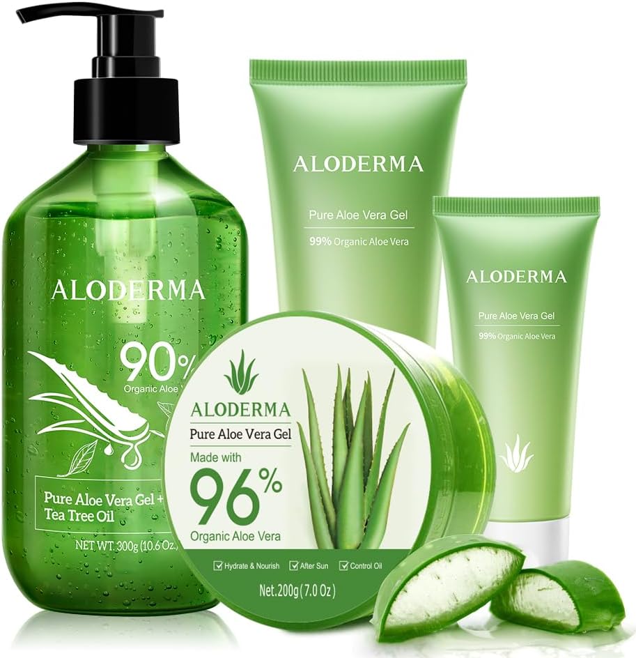 Aloderma brand 5 piece aloe vera gel set including tea tree oil for complete skin care