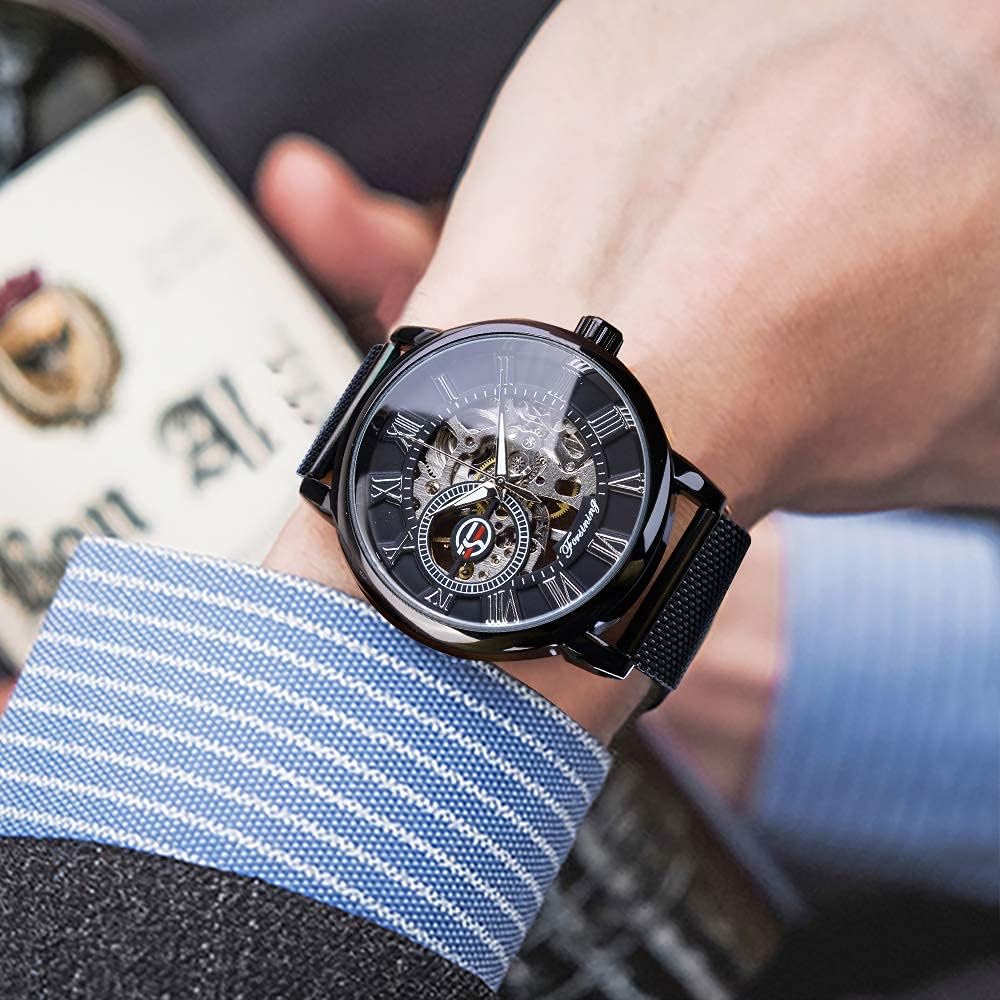 Forsining black dial mechanical watch on wrist