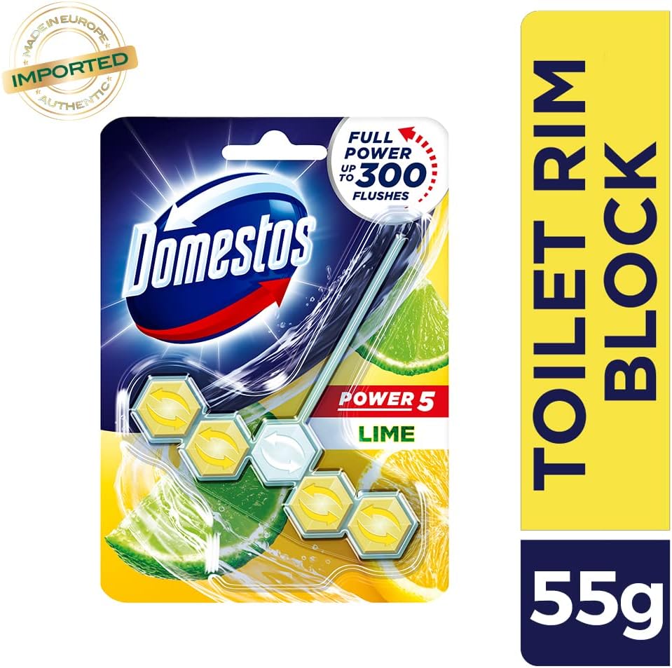Domestos toilet rim block hanging over bowl