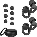 JUSTRVN reusable noise reduction ear plugs front view showing two pairs of black silicone earplugs next to the storage case.