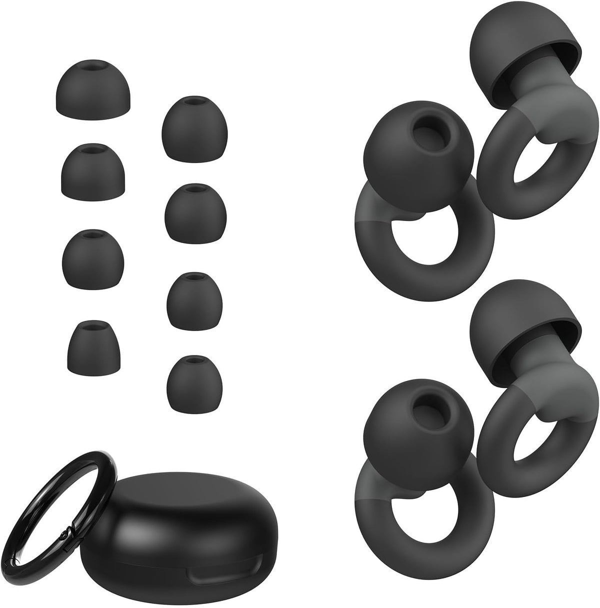 JUSTRVN reusable noise reduction ear plugs front view showing two pairs of black silicone earplugs next to the storage case.