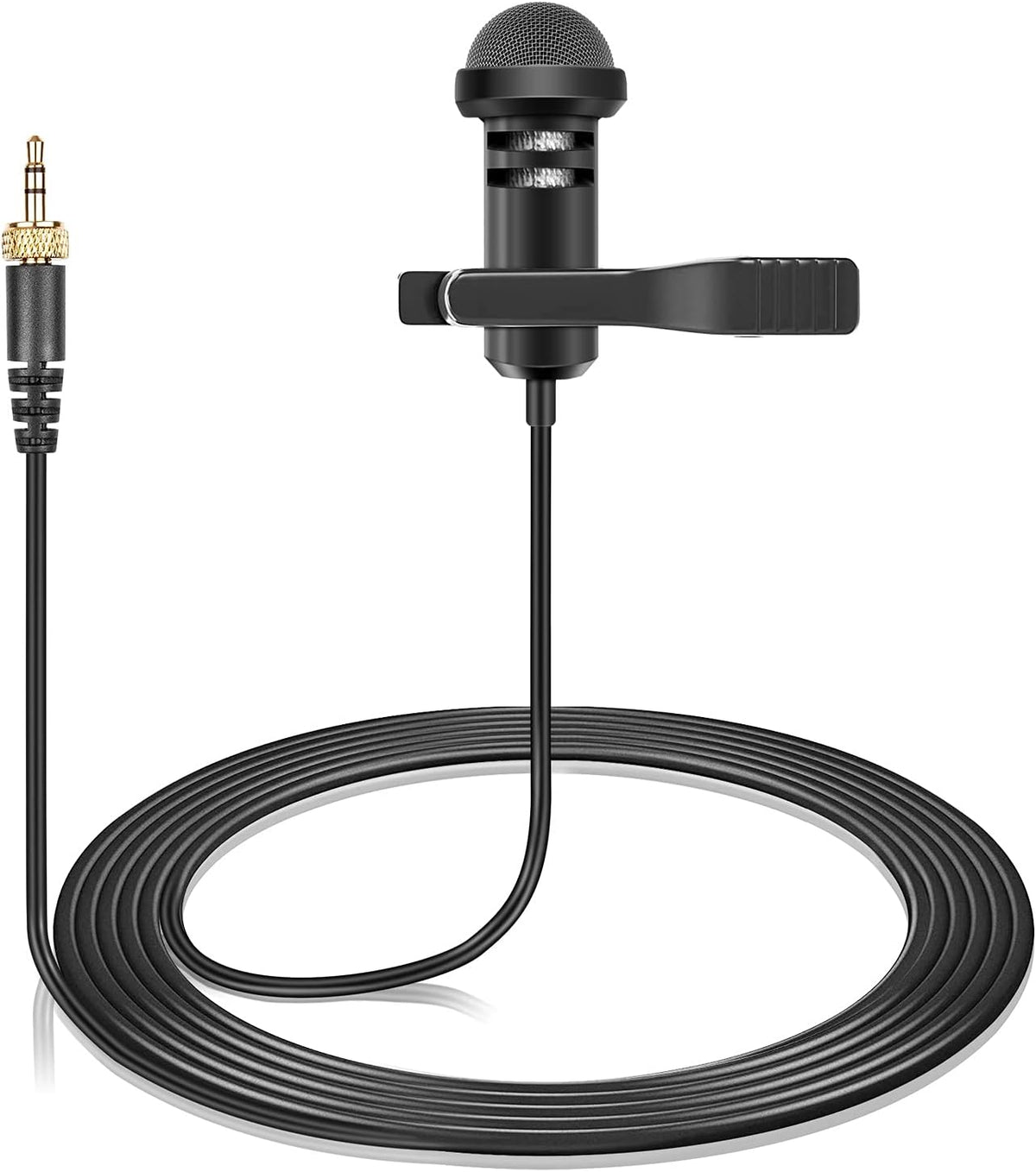 Weishan lavalier microphone front view with 3.5mm screw lock plug and lapel mic clip.
