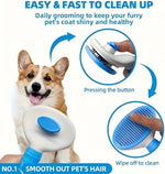 JRKOETY blue and white self cleaning pet brush angled view showcasing the durable construction