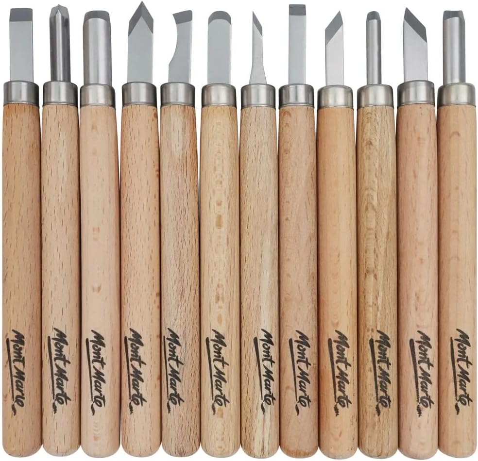 Mont Marte wood carving set front view showcasing the 12 chisels