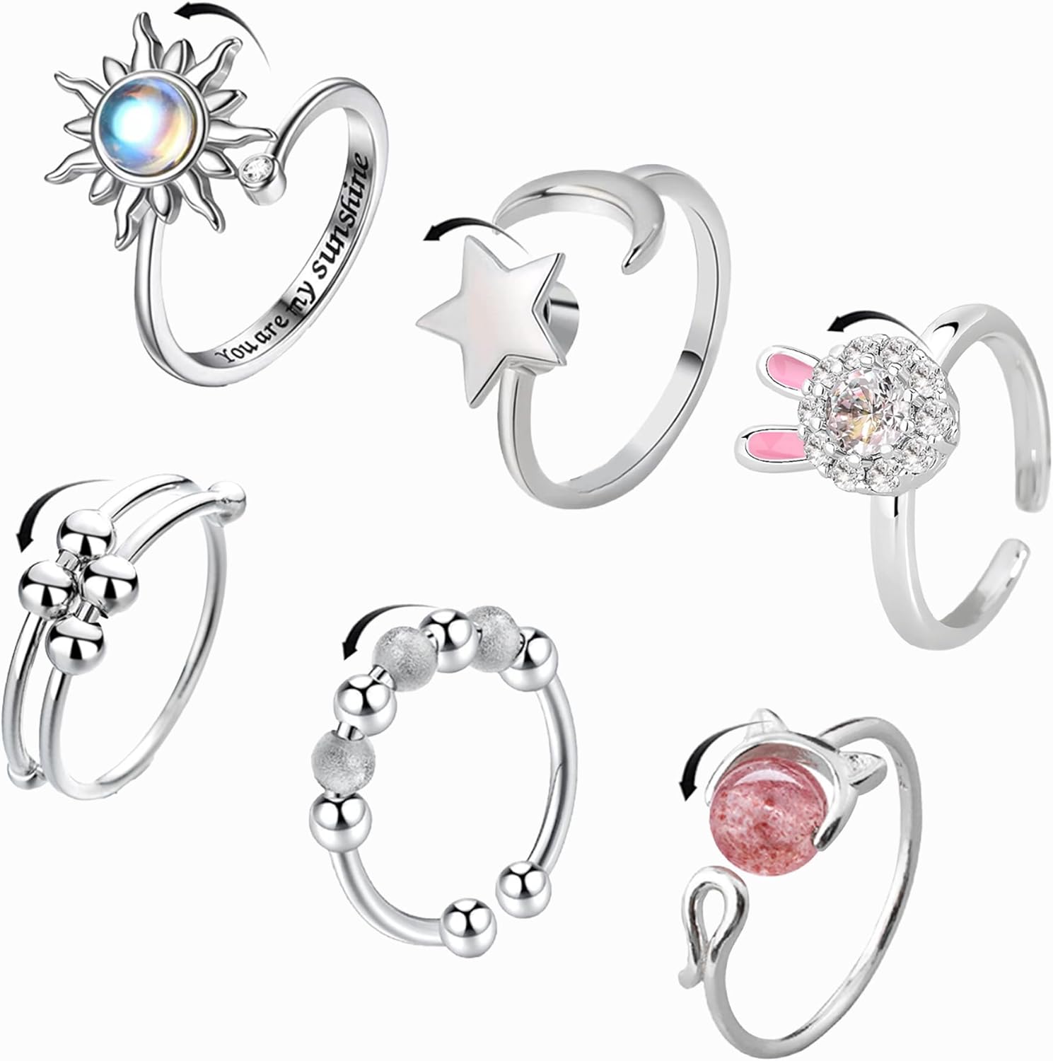 Jstyle fidget anxiety rings front view featuring silver-tone adjustable spinner bands.