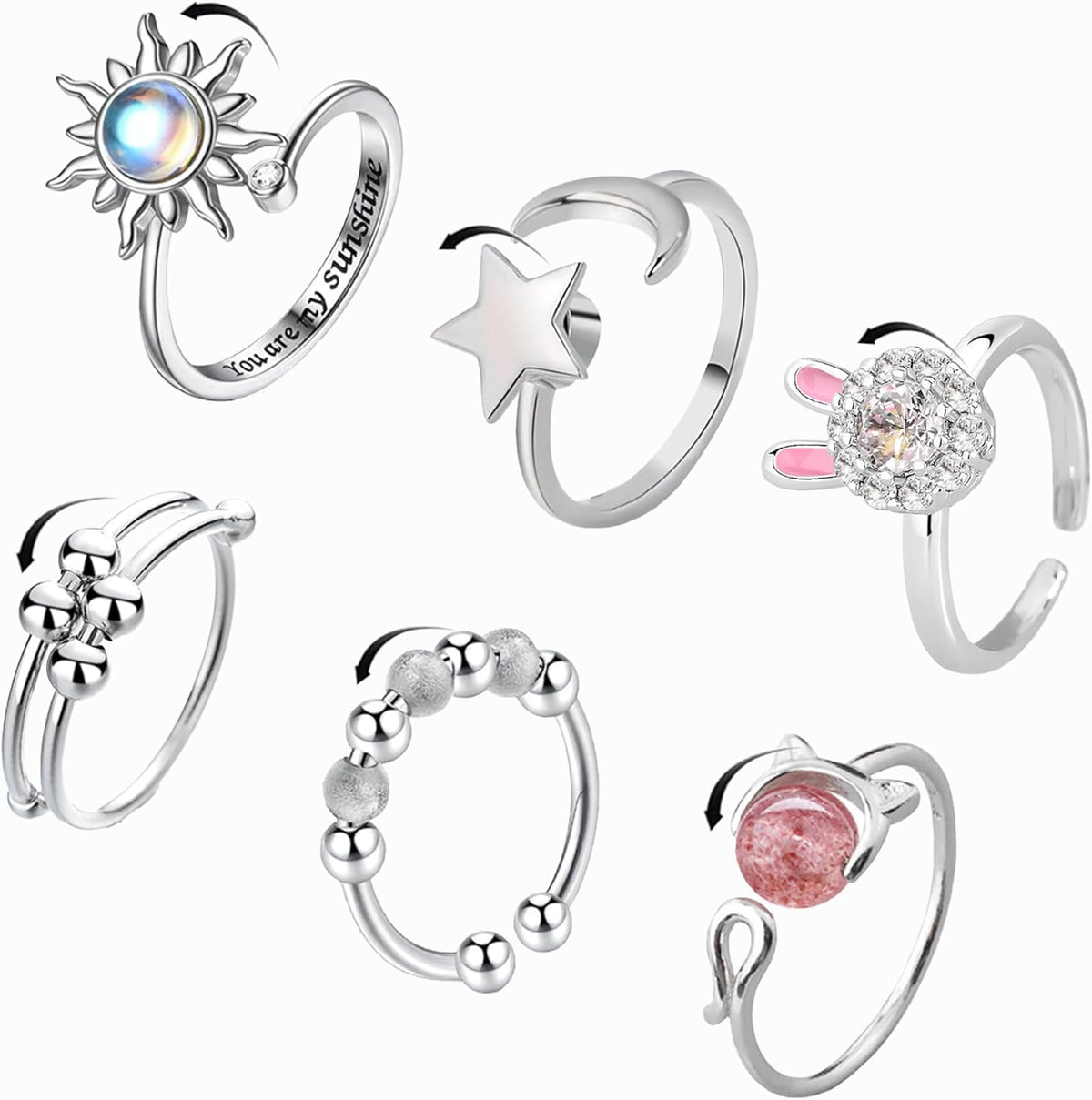 Jstyle fidget anxiety rings front view featuring silver-tone adjustable spinner bands.