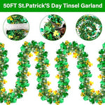 Fifty foot green clover hanging garland wrapped around an indoor staircase for holiday decoration