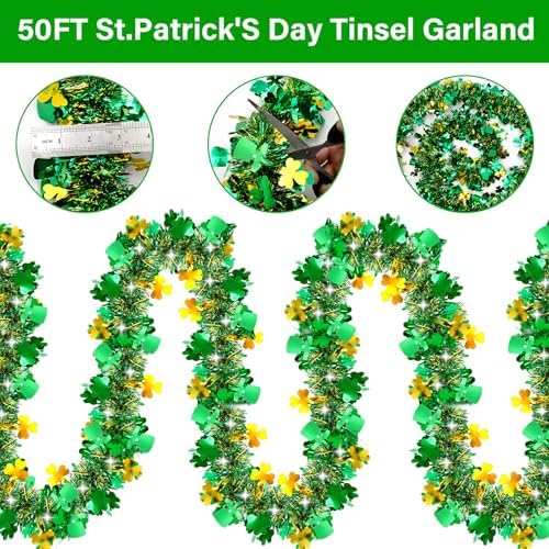 Fifty foot green clover hanging garland wrapped around an indoor staircase for holiday decoration