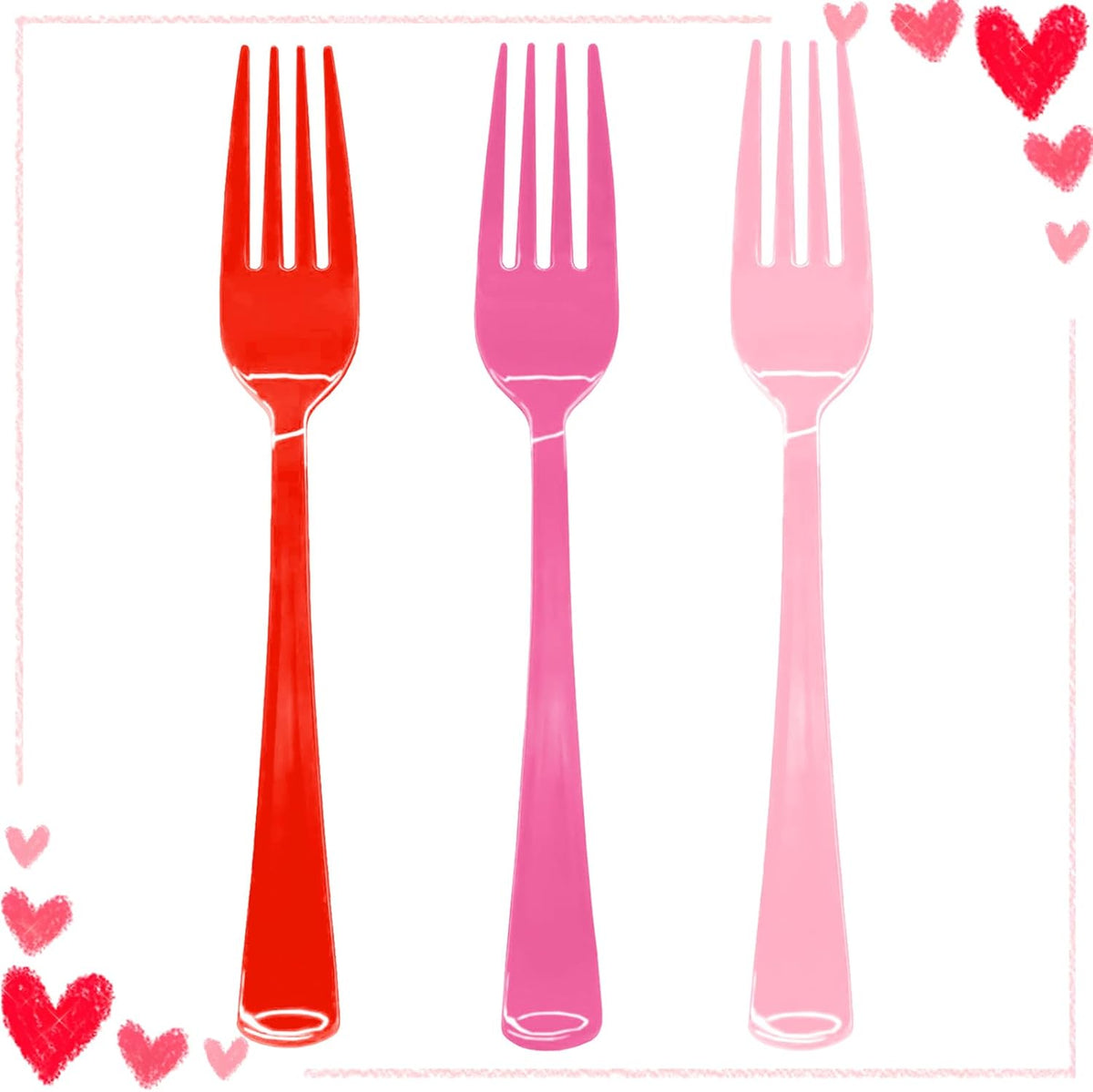 Emadetails Valentine plastic fork set front view showing pink hot pink and red colors